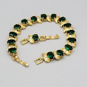 Gold Tone Bracelet With Green & Clear CZ Stones Prong Set Adjustable